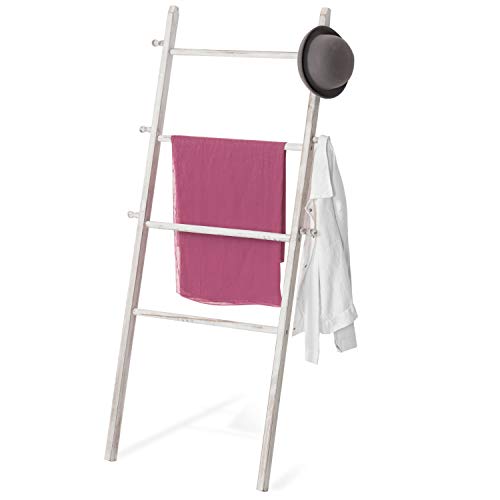 MyGift 5-Foot Wall-Leaning Whitewashed Wood Ladder-Style Blanket and Towel Rack