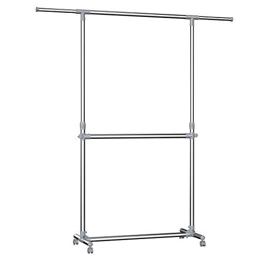 SONGMICS Double Rod Clothes Rack, Adjustable Garment Clothing Rack, Hanging Rail on Wheels, Gray ULLR401