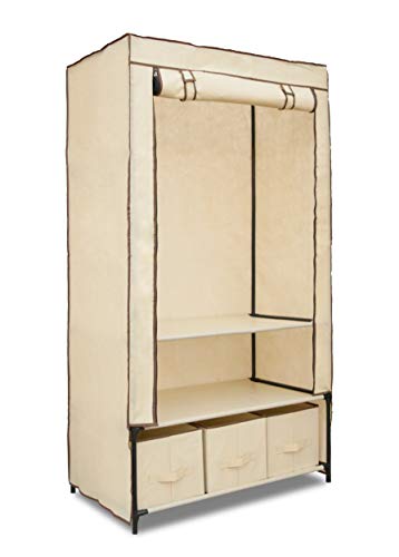 Topline Portable Freestanding Covered Closet Garment Wardrobe Organizer with Hanging Rack and Shelves – Beige