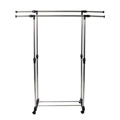 WAJJ Rolling Clothes Rack Adjustable Double Rail Garment Rack,Dual-bar Vertically & Horizontally-Stretching Stand Clothes Rack with Shoe Shelf Silver