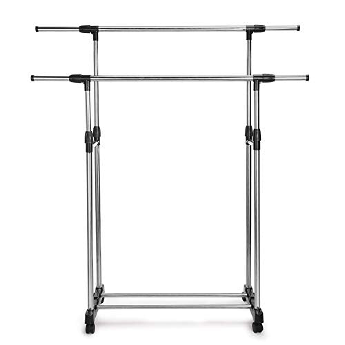 Fmissyao Clothing Garment Rack, Simple Housewares, Heavy Duty, Stainless Steel, ABS, Double Rail, Portable, Chrome