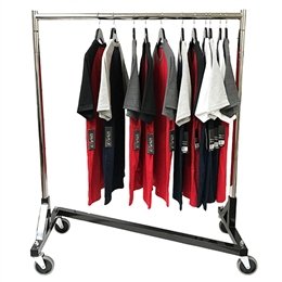 Z Garment Rack With Black Base and Chrome Uprights and Hangrails. 47" Long and Adjustable 47" to 70" in height Uprights. 2 Locking and 2 Non-Locking 4" Casters