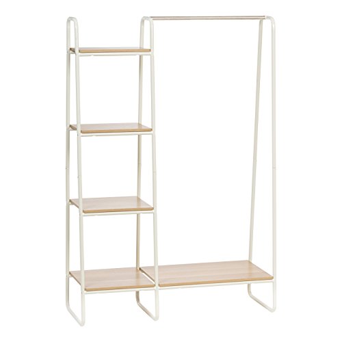 IRIS Metal Garment Rack with Wood Shelves, White and Light Brown