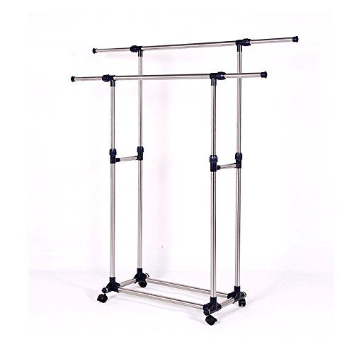 Heavy Duty Double Rail Adjustable Telescopic Clothing Rolling Garment Rack