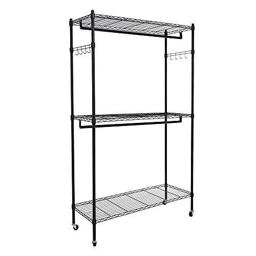 AK Energy Black Garment Wardrobe Racks Wheels Rolling Clothes Closet Hanger Two Bar Shelves Home 8 Hook