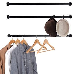 MyGift Set of 3 Matte Black Metal Wall-Mounted Corner Garment Rod/Clothing Hanging Bar, 33 Inch Each