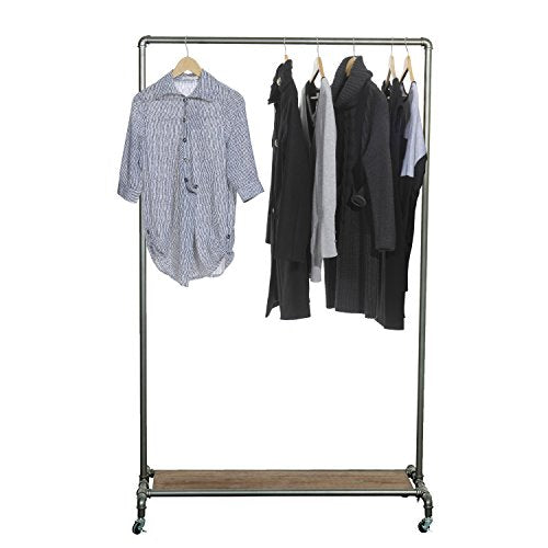 MyGift 65-Inch Industrial Pipe Rolling Garment Rack with Wooden Shelf & Lockable Caster Wheels