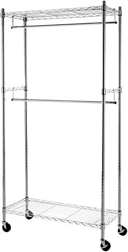 AmazonBasics Double Hanging Rod Garment Rolling Closet Organizer Rack, Chrome