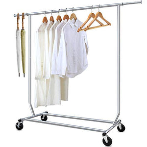 Camabel Clothing Garment Rack Heavy Duty Capacity 300 lbs Adjustable Rolling Commercial Grade Steel Extendable Hanger Drying Organizer Chrome Finish Storage Shelf With Wheels, Single Rod