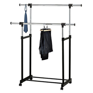 Modern Chrome Plated Garment Rack with Adjustable Telescopic Double Rail/Rolling Clothes Hanger, Black