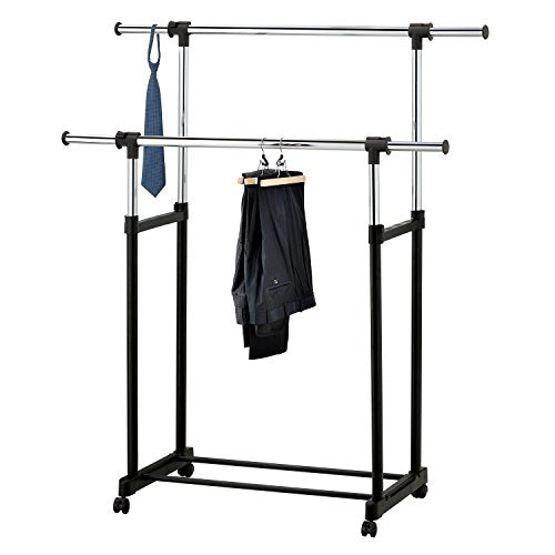 Modern Chrome Plated Garment Rack with Adjustable Telescopic Double Rail/Rolling Clothes Hanger, Black
