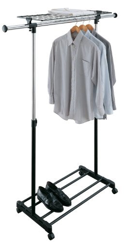 Organize It All Adjustable Mobile Clothing Rack With Top and Bottom Storage Shelf