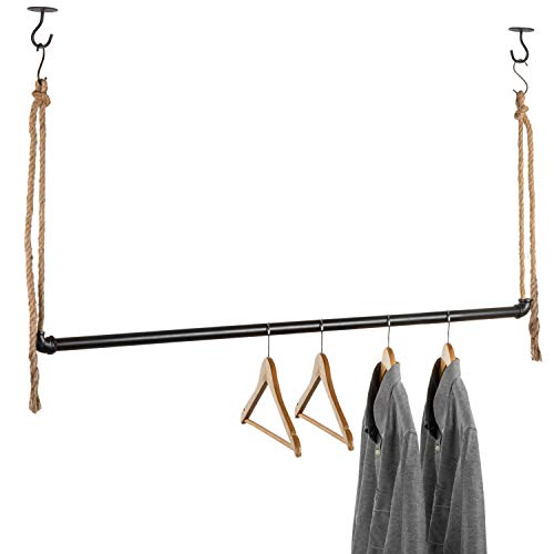 MyGift 48 Inch Industrial Black Metal Pipe and Adjustable Rope Hanging Garment Rack Retail Clothing Display