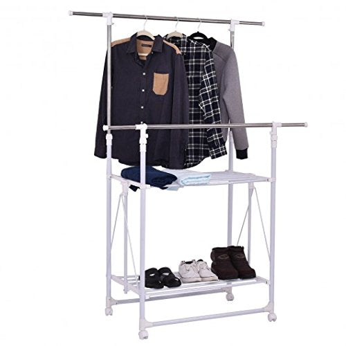 BESTChoiceForYou White Stainless Steel Plastic Double Rail Folding Adjustable Rolling Clothes Rack Hanger w/ 2 Shelves Closet Organizers Garment Racks