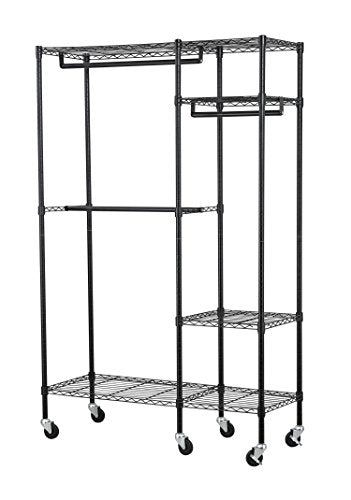 Muscle Rack EZGR4818RW3-BLK 4-Shelf Steel Garment Rack in Chrome with Wheels, 150 lb. Load Capacity, 74" Height, 48" Width, 18" Length