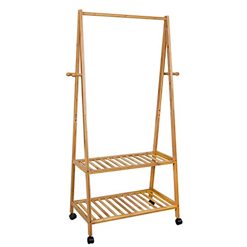 SONGMICS Clothes Rack on Wheels, Rolling Garment Rack with 2-Tier Storage Shelves, Hall Tree with 4 Coat Hooks for Shoes, Clothing, Bamboo URCR52N