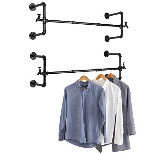 MyGift Set of 2 Wall-Mounted Black Metal Pipe & Faucet Design Garment Rod