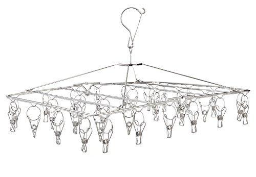 Organize with stainless steel hanging drying rack collapsible portable clip and drip hanger with 32 overstriking wire clothespins for drying clothing towels diapers underwear socks