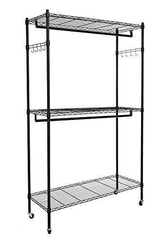 Homdox Double Rod Closet 3 Shelves Wire Shelving Clothing Rolling Rack Heavy Duty Garment Rack with Wheels and Side Hooks