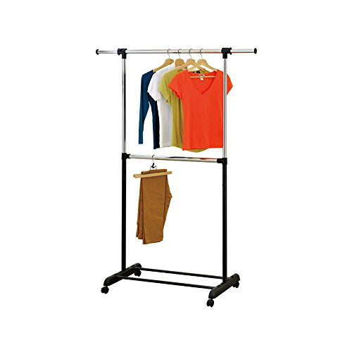 Mind Reader 2 Tier Double Rod Garment Rack, Adjustable, with Wheels, Silver
