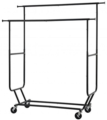 Koonlert@shop Commercial Grade Collapsible Clothing Rolling Double Garment Rack Heavy Duty Steel Hanger/Black #1047