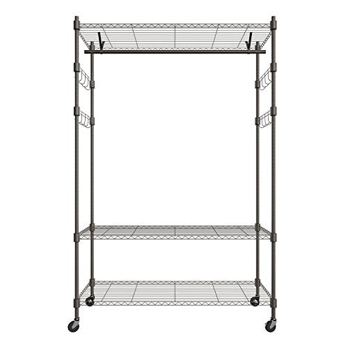 PaPafix Heavy Duty Wire Shelving Unit Garment Rack,Portable Clothes Closet Wardrobe Storage Organizer, with Hanger Bar Wheels+2 Pair Side Hooks, Gray