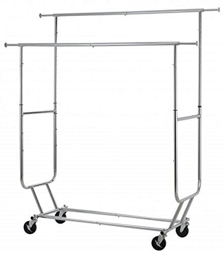 Commercial Grade Collapsible Clothing Rolling Double Garment Rack Heavy Duty Steel Hanger/ Chrome #1047