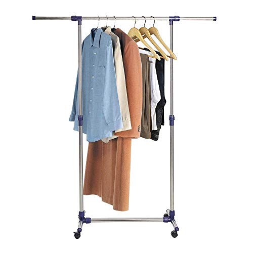 Dporticus Heavy Duty Stainless Steel Portable Adjustable Single Rod Rolling Clothing Garment Rack Extensible Free Standing Clothes Stand for Hanging Clothes with Wheels Commercial Grade for Profession