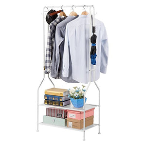 LANGRIA Heavy Duty Commercial Grade Clothing Garment Rack, 2-Tier Entryway Metal Coat Rack and Shoe Bench Storage Stand with Single Rod and 4 Hooks for Home Office Bedroom Max Capacity 66.1lbs, White
