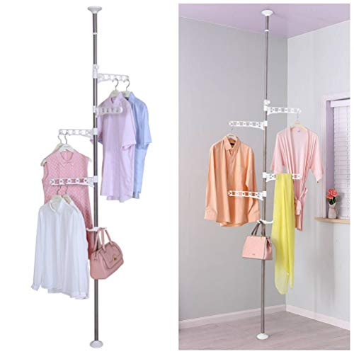 BAOYOUNI 4-Tier Standing Clothes Laundry Drying Rack Coat Hanger Organizer Floor to Ceiling Adjustable Metal Corner Tension Pole, Ivory