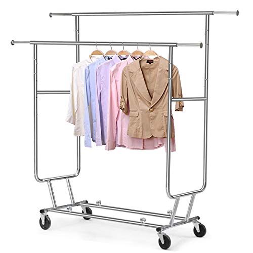 LOVELABEL Double Rail Garment Rack Heavy Duty Commercial Clothing Garment Rolling Collapsible Rack Chrome, Rolling Drying Rack with Wheels.