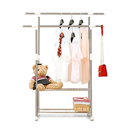 Adjustable Double Rod Clothes Rail, Rolling Folding Clothes Hanger, Double Shoe Rack, L93cm-160cm W32 H124-165cm, (Stainless Steel)