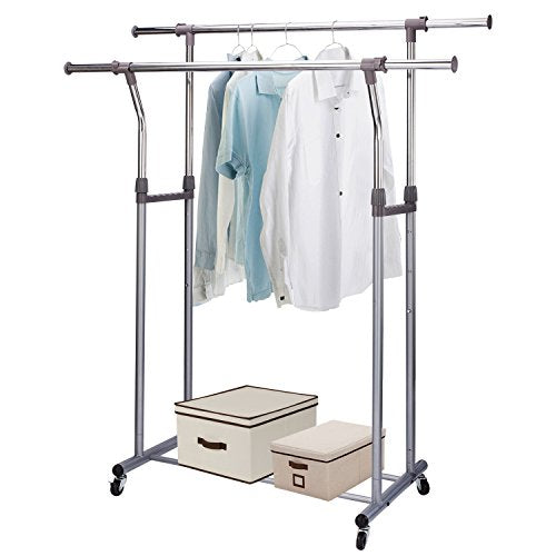 Rukerway Heavy Duty Garment Rack Double Rail Adjustable Clothing Rack Supreme Rolling Rack Laundry Drying Rack, Chrome Finish (Double Rail)