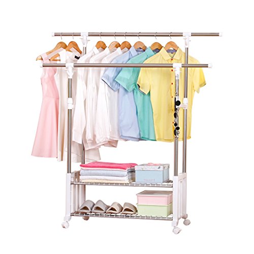 Siyushop Double Garment Rack- Adjustable Clothes Hanging Rail Stainless Steel Clothes Stand with Wheels White (L101-150W40H95-160cm)