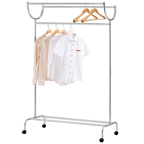 MyGift Chrome Plated Silver Garment Rack, 3-Bar Clothing Hanger with Roller Wheels