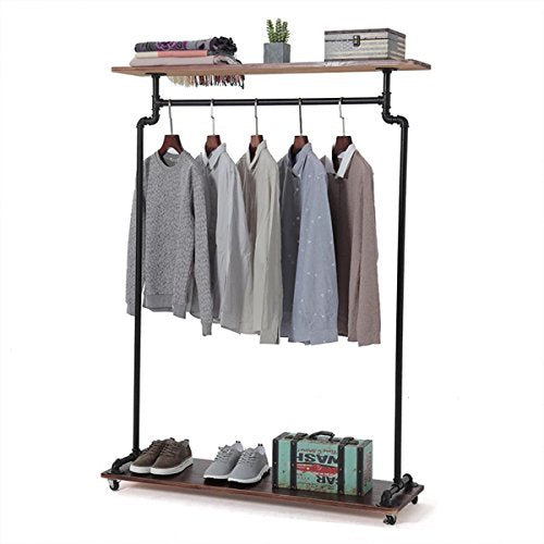 FURVOKIA Industrial Pipe Shelves Vintage Rolling Clothing Rack with Wheels Shoe Bag Shelf,Heavy Duty Commercial Grade Free Standing Garment Racks,Closet Steampunk Storage Decor 47''W x 60''H