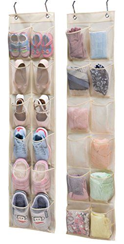 KIMBORA 2 Pack 12 Large Mesh Pockets Over The Door Shoe Organizer Narrow Closet Door Hanging Pantry Organizer, Beige