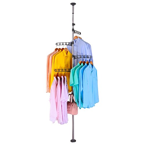 BAOYOUNI 4-Tier Standing Clothes Laundry Drying Rack Coat Hanger Organizer Floor to Ceiling Adjustable Metal Corner Tension Pole, Grey