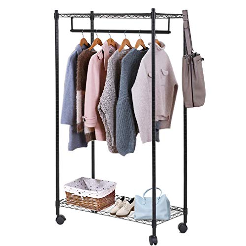 Heavy Duty Clothes Rack Hanging Rod Garment Rack Wheels Hanging Clothing Rack Top Bottom Shelves Rolling Metal Height Adjustable Commercial Grade Home Bedroom Laundryroom,Black