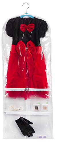 Bags for Less Children’s Garment Bag+ Kids Hanger – Store Clothing, Costumes, Dresses and Cosplay – 16”X40” Transparent Storage with 5 Pockets – Hold Dress Up Toys, Belts, Shoes & More