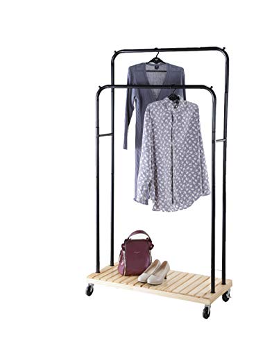 Legacy Decor Metal and Wood Double Rod Garment Rack on Wheels, Heavy Duty