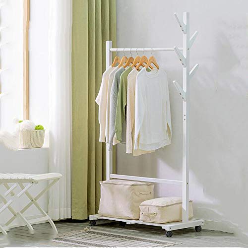 YX Xuan Yuan Wooden Coat Rack,Garment Clothing Rack Wood Coat Stand with Wheels and 6 Hooks Storage Shelves for Bags Shoe Clothes 2 Colors Home Storage (Color : White)