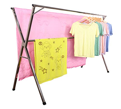 exilot Heavy Duty Stainless Steel Laundry Drying Rack for Indoor Outdoor,Foldable Easy Storage Clothes Drying Rack, Free of Installation Adjustable Garment Rack.