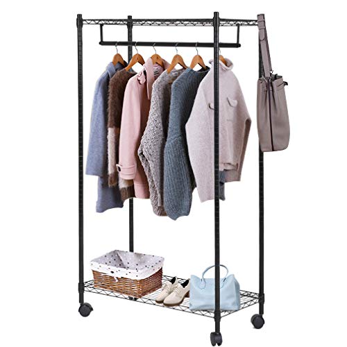 Heavy Duty Clothes Rack Hanging Rod Garment Rack with Wheels Hanging Clothing Rack with Top and Bottom Shelves Rolling Metal Height Adjustable Commercial Grade for Home Bedroom Laundryroom,Black