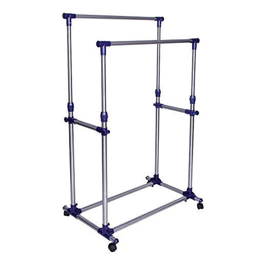 SONGMICS Double Rod Garment Clothing Rack, Rolling Clothes Racks, Hanging Rail on Wheels, Blue ULLR03B