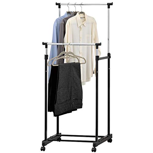 MyGift Adjustable Dual-Bar Rolling Chrome Plated Clothing & Garment Storage Rack, Black