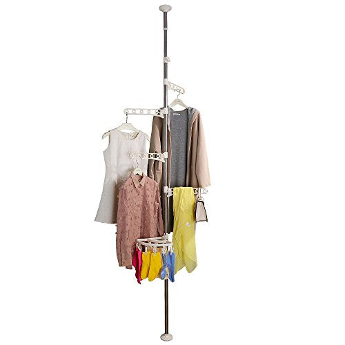 BAOYOUNI 4-Tier Standing Clothes Laundry Drying Rack Grament Coat Hanger Organizer Floor to Ceiling Adjustable Metal Corner Tension Pole Spce Saver with Socks Towel Clothespins, White