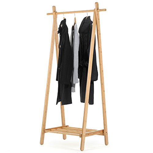 MyGift Entryway Bamboo Shoe and Coat Rack, Garment Storage Organizer Bar, Brown