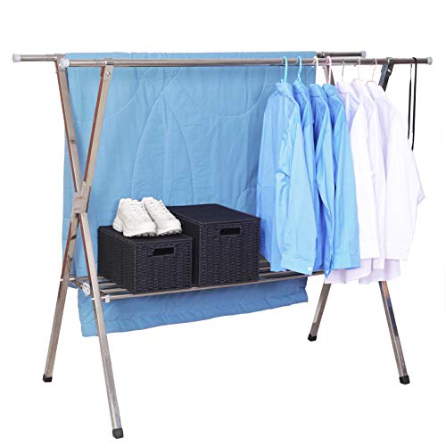 Reliancer Heavy duty Large Stainless Steel Clothes Drying Rack Foldable Space Saving Retractable Rack Hanger From 55.2 to 78.8 inches w/Shoe Rack