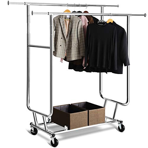 TomCare Garment Rack Double Clothes Racks Adjustable Clothing Rack Extensible Clothes Hanging Rack Commercial Grade Garment Rolling Racks for Hanging Heavy Duty Stainless Steel Garment Rack on Wheels